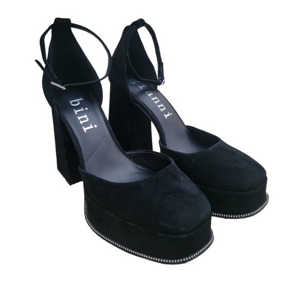 Gianni Bini Otten black suede ankle strap chunky heels square toe shoes Sz 10 - Picture 2 of 9